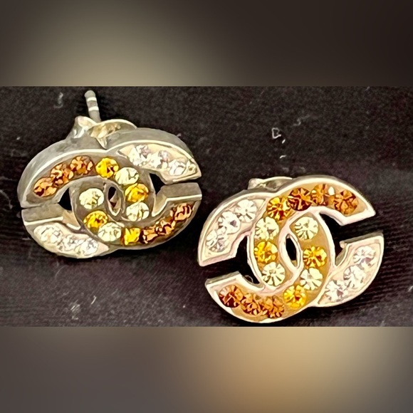 Sterling Silver Linked C’s Earrings Clear, Gold, Copper Rhinestone Crystals Gift - Picture 4 of 12